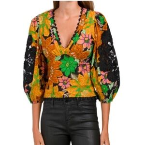 Farm Rio Garden Black Blouse, Size M